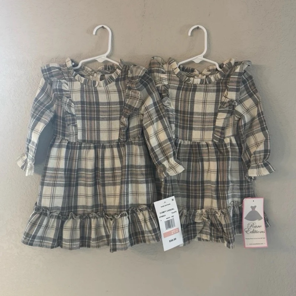 TWIN BUNDLE: Set of 2 Rare Editions Beige Plaid Ruffle Dresses